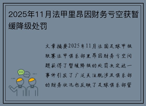 2025年11月法甲里昂因财务亏空获暂缓降级处罚