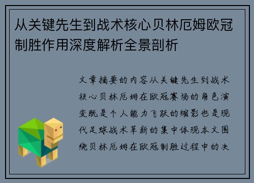从关键先生到战术核心贝林厄姆欧冠制胜作用深度解析全景剖析 从关键先生到战术核心贝林厄姆欧冠制胜作用深度解析全景剖析